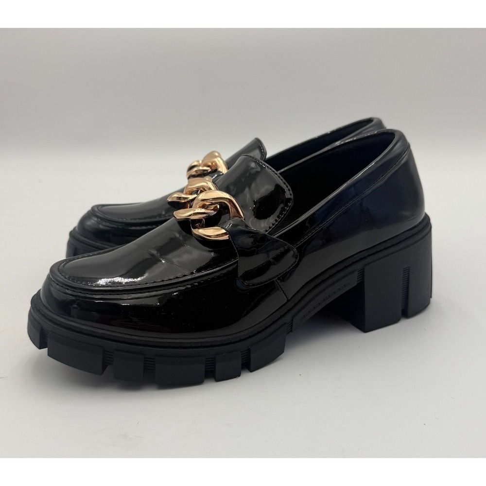 Tinstree Womens Size 7.5 Black Patent Chunky Platform Loafers Gold Chain Heels